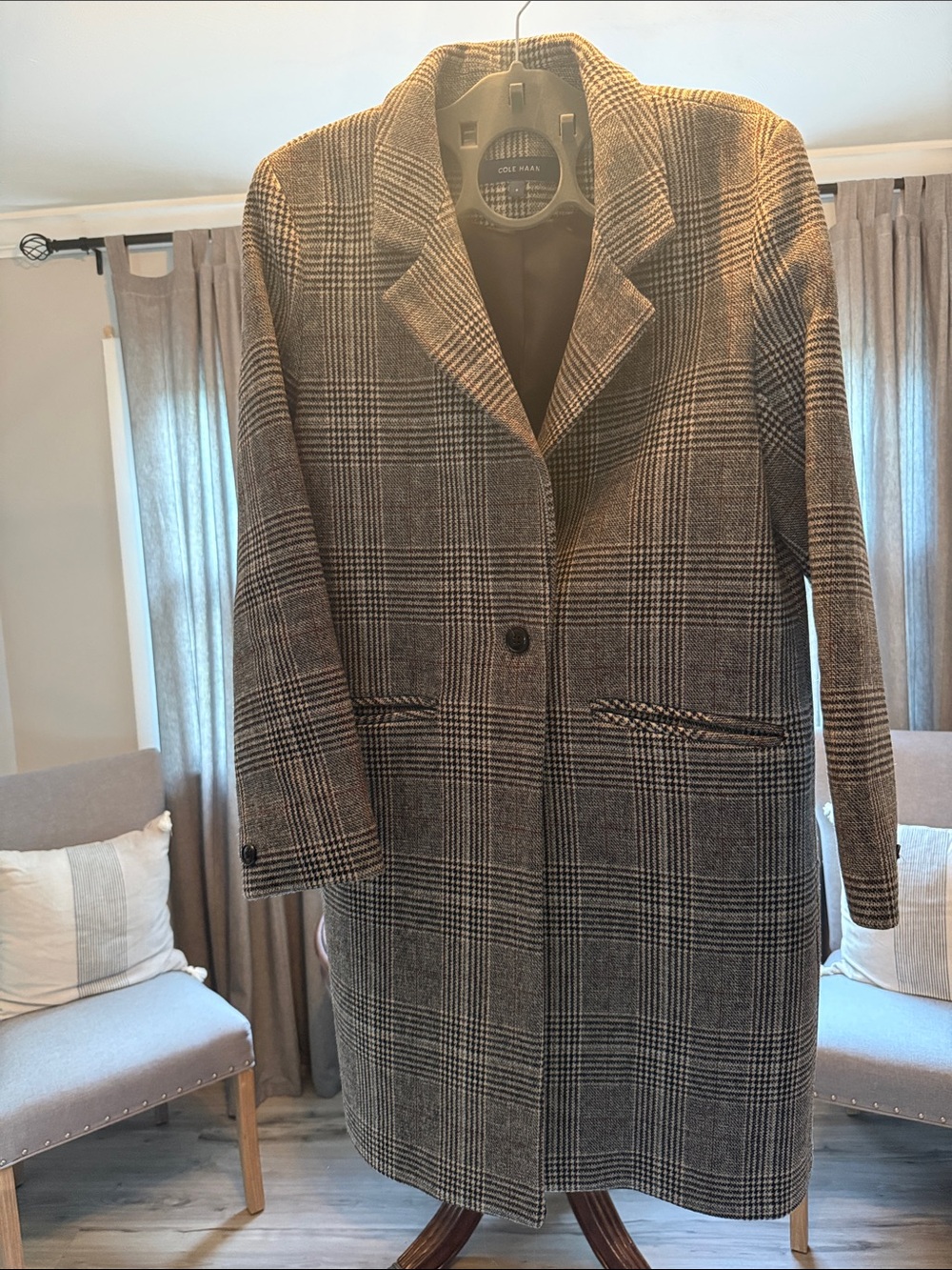 Cole Haan Brown and Gray Plaid Wool-Blend Pea Coat